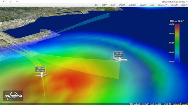 3D display of flight path and colored noise levels generated by Volans environmental analysis and design tool